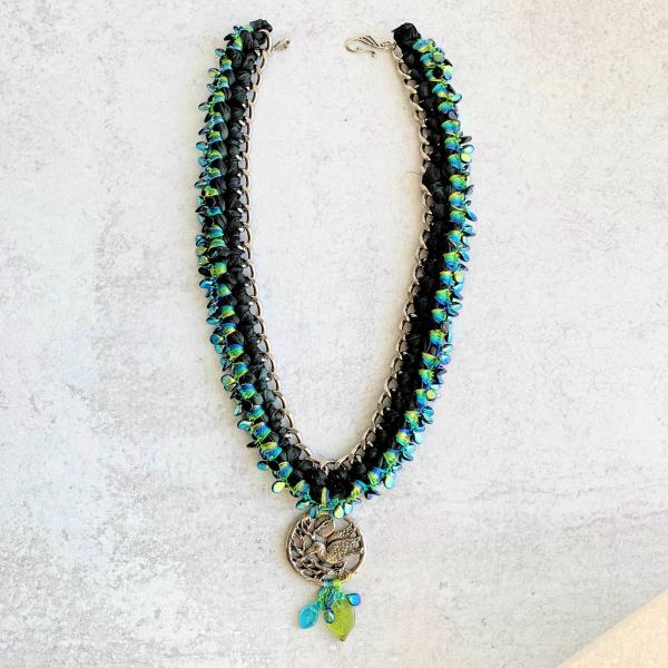 Pewter Raven Pendant Mixed Media Necklace - Black Blue Green - Silver Chain, Glass Beads, Sari Silk - Crochet -20 inch picture