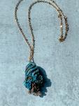 Swirling Elegance Mixed Media Pendant Necklace - Blue Turquoise Copper - Hand-dyed Thread, Silk Cocoon, Glass Beads, Embroidery, Crochet
