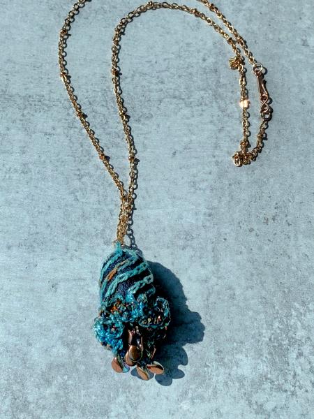 Swirling Elegance Mixed Media Pendant Necklace - Blue Turquoise Copper - Hand-dyed Thread, Silk Cocoon, Glass Beads, Embroidery, Crochet picture