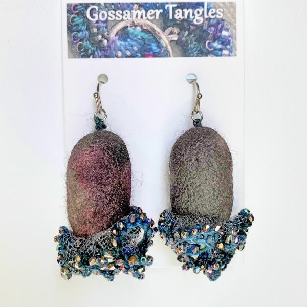 Renoir Dancers Mixed Media Earrings - Silk Cocoons, Tulle, Glass Beads - Hand-Dyed Thread - Charcoal Gray, Violet, Blues, Iridescent Metallics picture