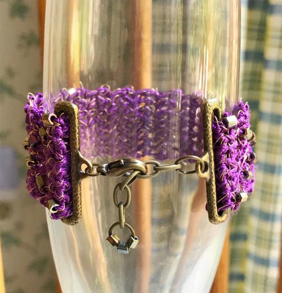 Purple and Gold Brass Fiber and Wire Crochet Bracelet with Gold Iris Beads - Adjustable Length 7-8 inches picture