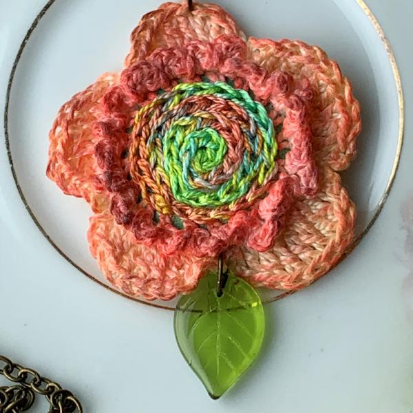 Melon Coral Green Mixed Media Flower Pendant - Hand-Painted - Hand Crochet - Embroidery - Glass Leaf - 24 inch Antique Brass Chain - OOAK picture