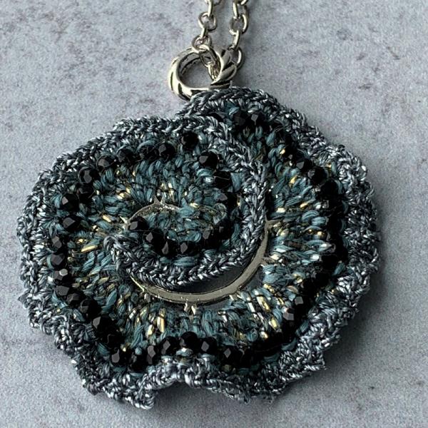 Curly Girl Spiral Swirl Pendant Necklace - Mixed Media - Metal Fiber Glass - Pale Sage Green, Silver, Black, Metallics - Crochet - OOAK picture