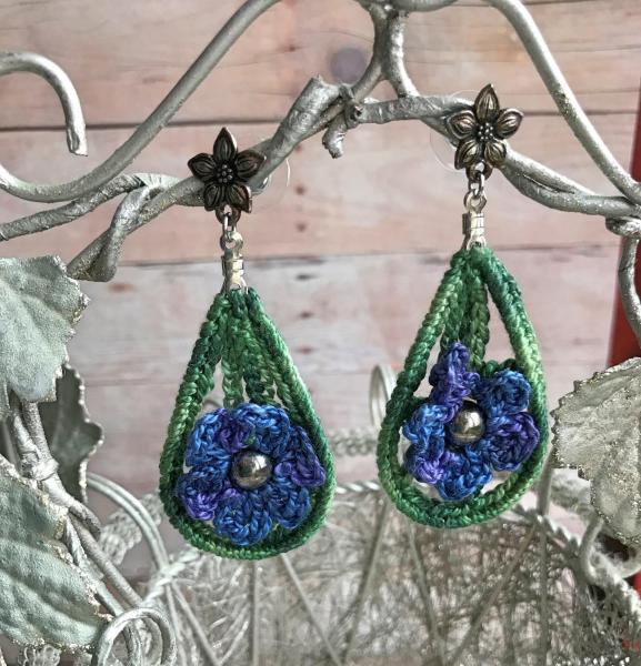 Blue Purple Green Crochet Tear Drop Flower Pierced Earrings - Antique Silver Flower Posts - One of a Kind - Nickel Free