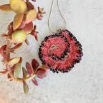 Curly Girl Spiral Swirl Pendant Necklace - Mixed Media - Metal Fiber Glass - Coral Hand-Dyed Thread, Metallic Wine Glass Beads - Crochet - OOAK