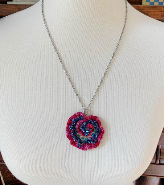 Curly Girl Spiral Swirl Pendant Necklace - Mixed Media - Metal Fiber Glass - Vibrant Red Magenta Fuschia - Teal Glass Beads - Crochet - OOAK picture