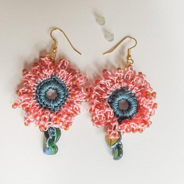 Crochet Beaded Coral Pink Green Dangle Drop Flower Earrings with Green Glass Leaves - One of a Kind - Wearable Art - Handmade picture