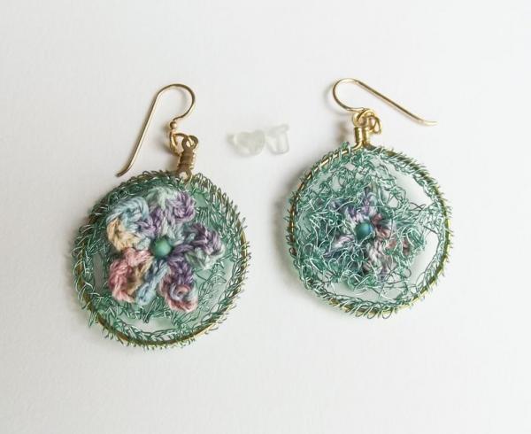 Crochet Flower Drop Dangle Earrings - Wire and Fiber - Sea Foam Green, Lavender, Pink, Blue, Apricot - Gold Wires - One of a Kind picture