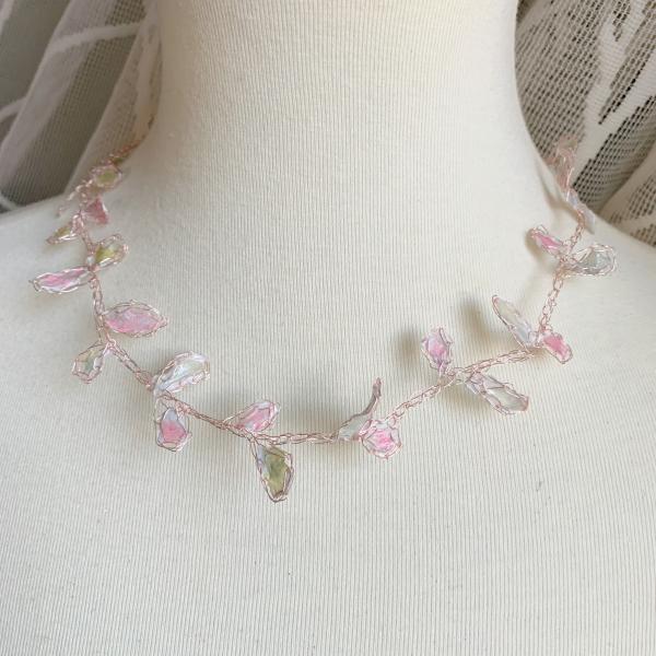 Whispering Petals Mixed Media Necklace - Subtle Pinks, Pale Green, White - Rose Gold Wire - Lightweight - One of a Kind - 19 inch - floral picture