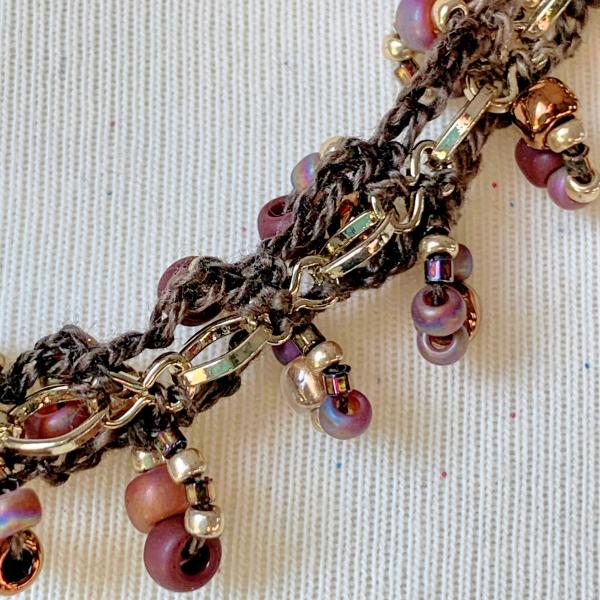 Brown Gold Copper Bronze Topaz Mixed Media Beaded Chain Necklace - Crocheted Fiber, Metal Chain, Glass Beads - OOAK picture