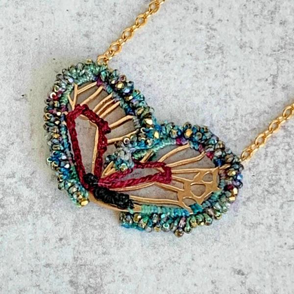 Butterfly Wing Necklace - Mixed Media - Gold Chain - Fiber Metal Glass - Blue Green Teal Garnet Black - Iridescent Glass Beads - Crochet Embroidery