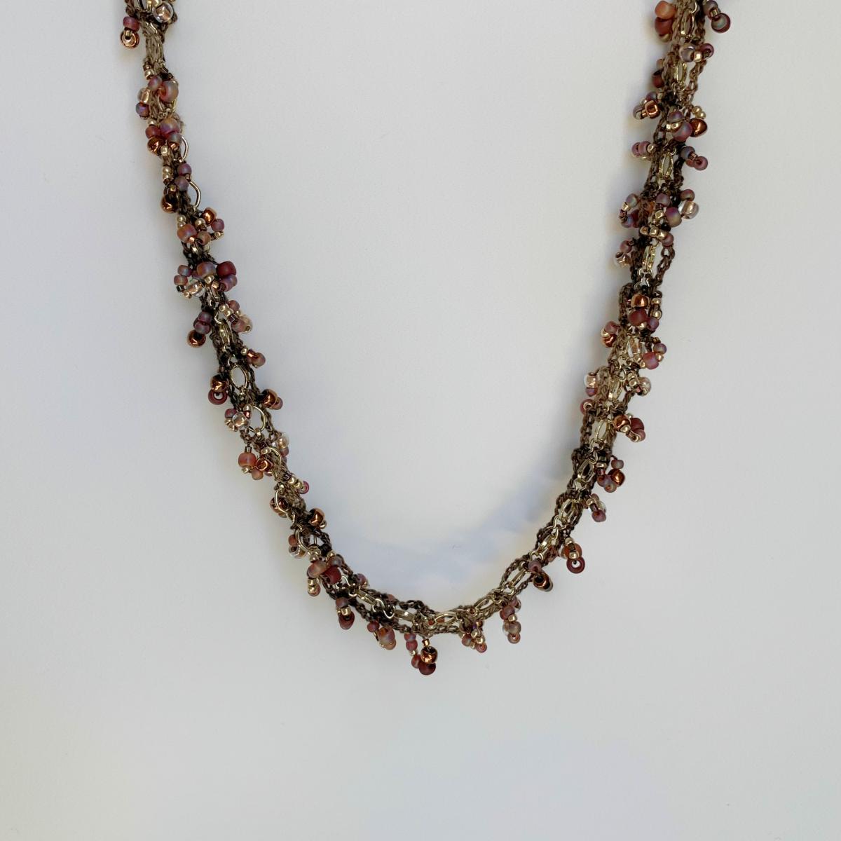 Brown Gold Copper Bronze Topaz Mixed Media Beaded Chain Necklace - Crocheted Fiber, Metal Chain, Glass Beads - OOAK picture