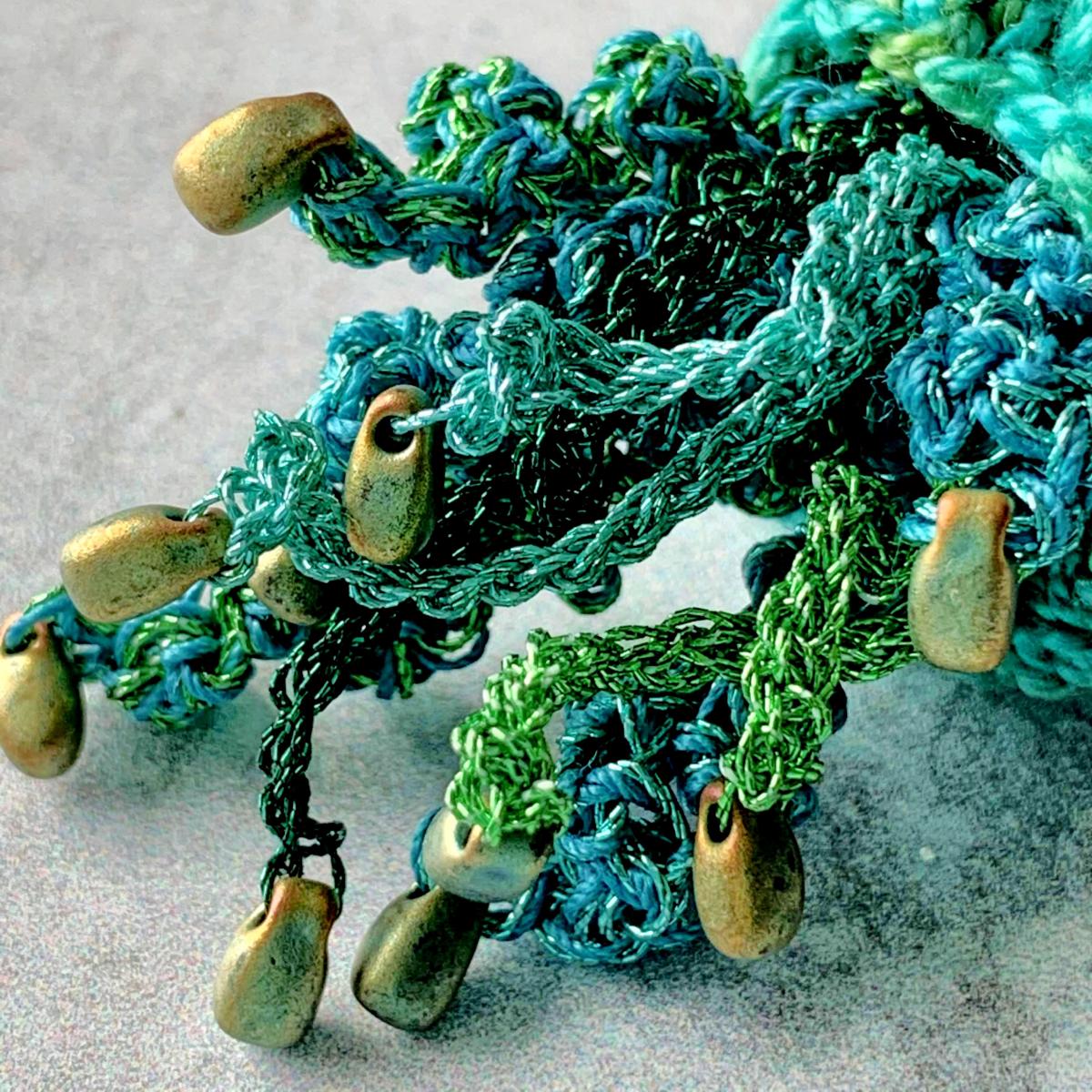 Jellyfish Pendant Necklace - Multimedia - Fiber, Metal, Glass Beads - Blue, Green, Turquoise - Crochet - Adjustable Length - One of a Kind picture