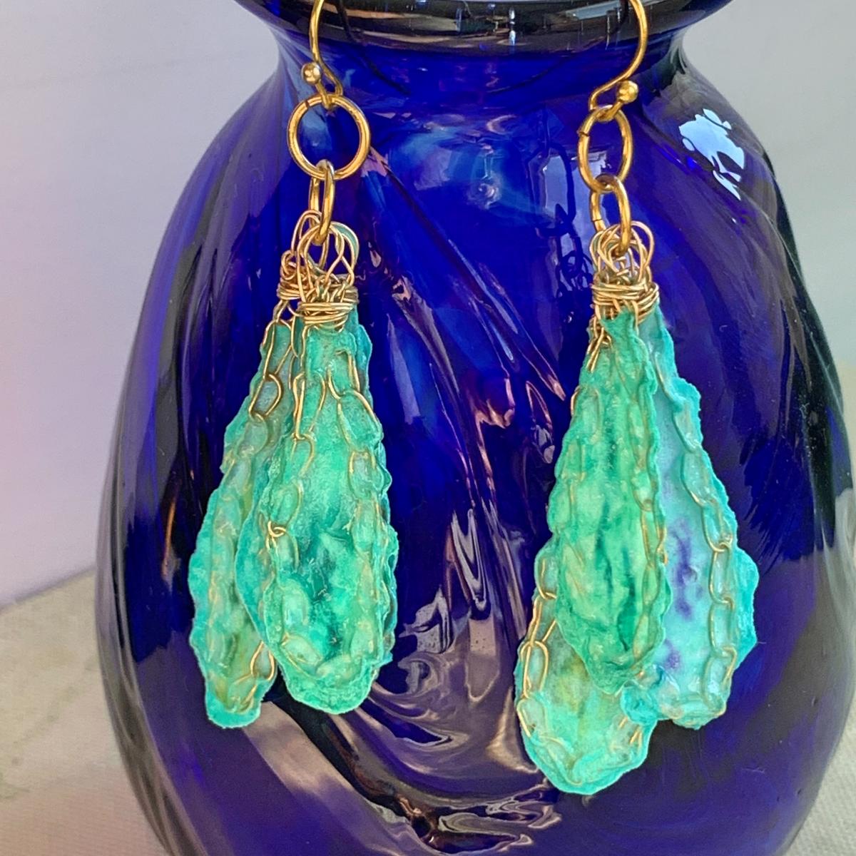 Triple Drop - Colors of the Caribbean Sea- Mixed Media Earrings - Fiber Wire Paper - Turquoise Gold Blue Green - Crochet - One of a Kind picture
