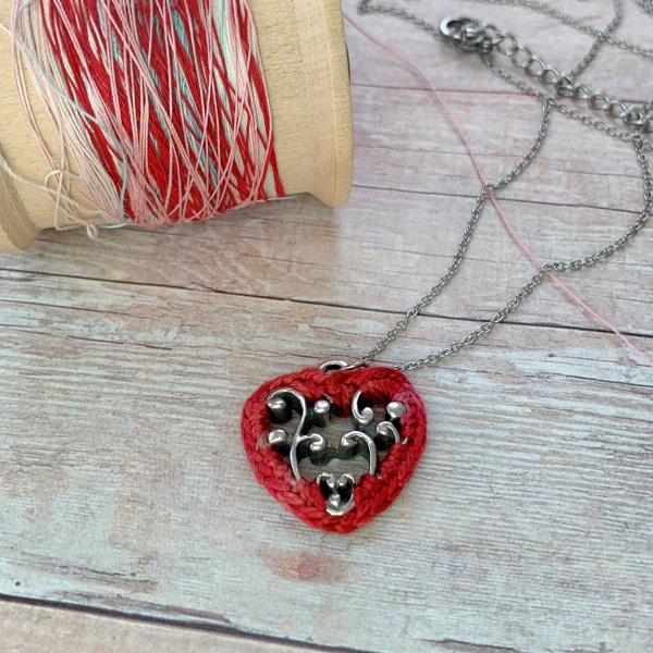 Simple Lacy Red Heart Pendant - Mixed Media - Silver Metal Filigree - Hand-Dyed Red Multicolor Thread - Adjustable Length 18-20 inches - One of a Kind picture