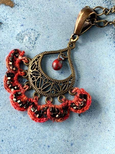 Filigree Flames Pendant Necklace - Hand-Dyed Thread in Shades of Red and Orange Crocheted into an Antique Brass Filigree Drop Pendant - OOAK picture