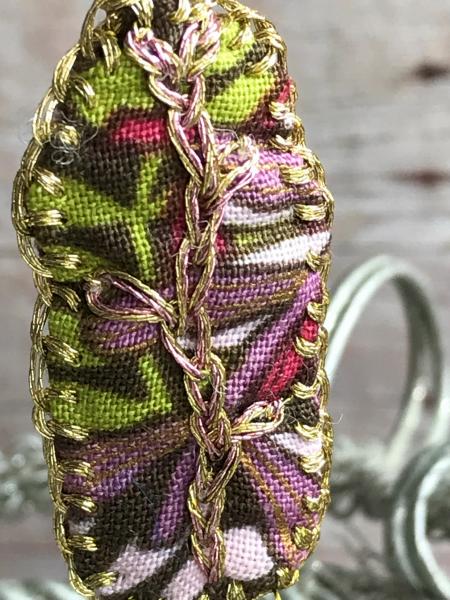 Hand Sewn and Embroidered Fabric Drop Earrings - Vine - Brown, Lavender, Pink, Spring Green, Magenta, Gold - Nickel Free Gold Lever Back picture