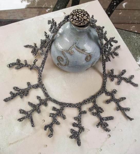 Coral Shadows Crocheted Necklace - Slate Gray, Black, Silver, Gold Fiber - Button and Loop - One of a Kind picture