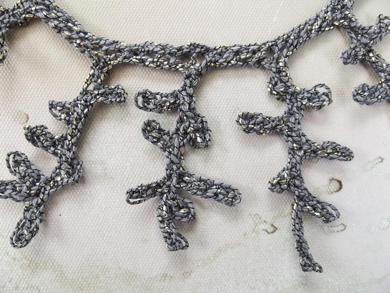 Coral Shadows Crocheted Necklace - Slate Gray, Black, Silver, Gold Fiber - Button and Loop - One of a Kind picture