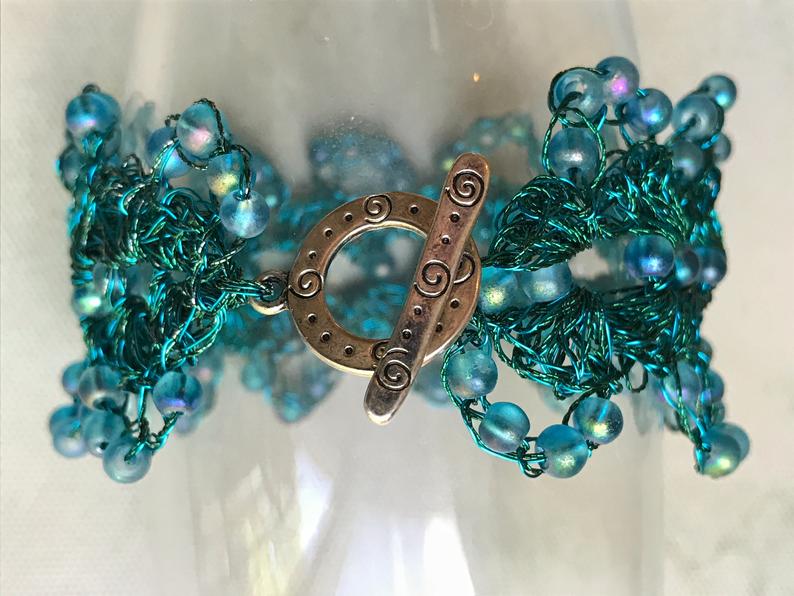 Crochet Beaded Wire and Fiber Lacy Cuff Bracelet with Glass Beads - Aqua, Turquoise, Teal - 7 1/2 inches long, 1 1/2 inches wide picture