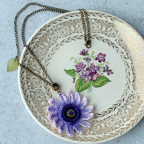 Blue Violet Purple Hand-Painted Flower Pendant Necklace - Mixed Media - Embroidery - Bead Crochet - Glass Leaf - 20 inch Brass Chain - OOAK picture