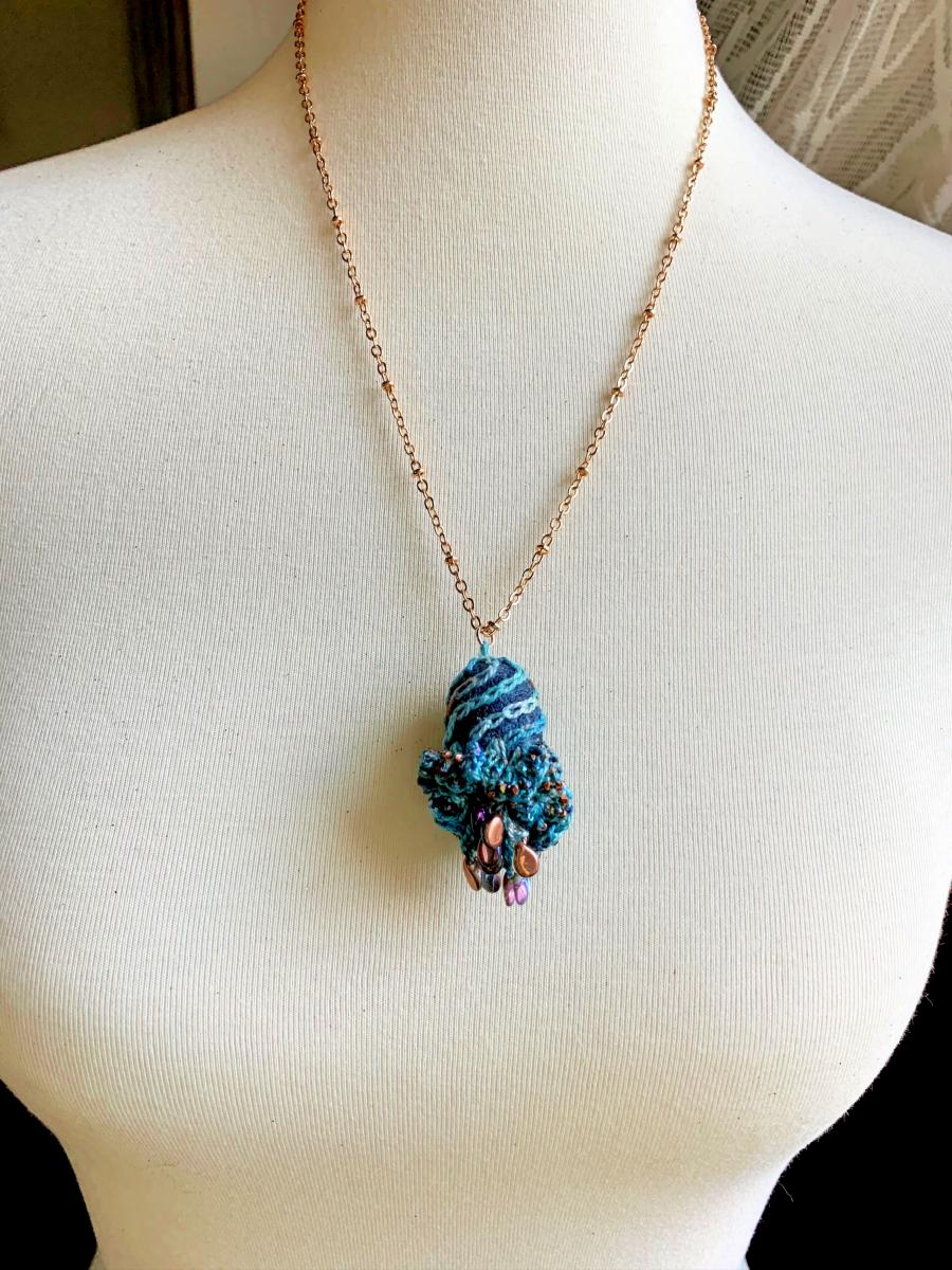 Swirling Elegance Mixed Media Pendant Necklace - Blue Turquoise Copper - Hand-dyed Thread, Silk Cocoon, Glass Beads, Embroidery, Crochet picture
