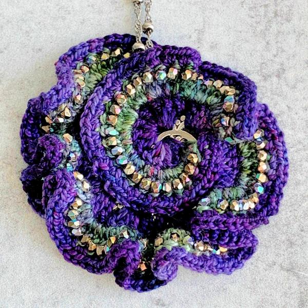 Curly Girl Spiral Swirl Pendant Necklace - Mixed Media - Metal Fiber Glass - Purple, Green, Silver, Iridescent Metallic Beads - Crochet - OOAK picture