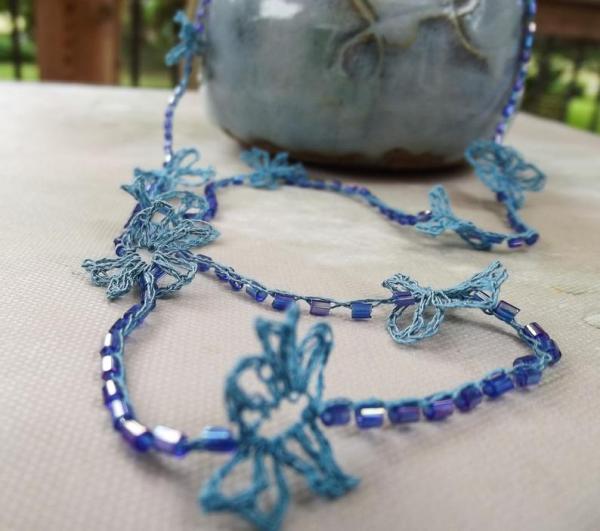 Delicate Blue Violet Crochet Beaded Flower Necklace with Silver Clasp picture