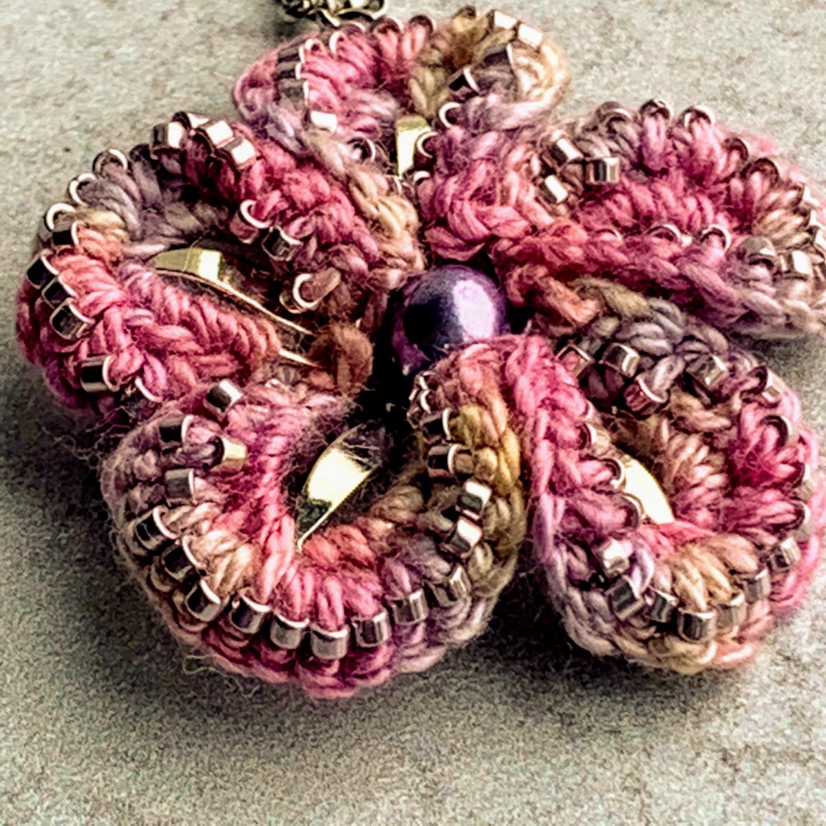 Cherry Blossoms Necklace - Mixed Media - Pink/Purple - 3 Crochet Embellished Silver Metal Flowers - Hand Dyed Cotton Thread - Glass Beads picture
