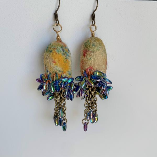 Carnivale Drop Dangle Earrings - Mixed Media - Multi Color Silk Cocoons - Brass Chain - Iridescent Blue Iris Glass Beads - Hook Earring Wires picture