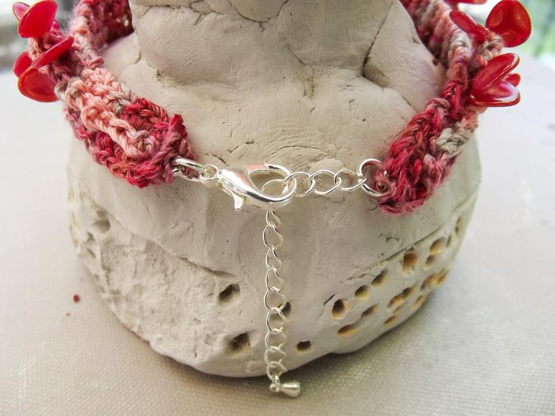 Bright Blossoms Crochet Beaded Bracelet - Adjustable Size - Reds, Peach, Beige - One of a Kind - Silver Clasp picture