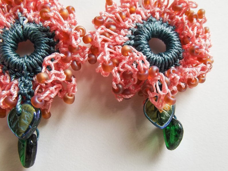 Crochet Beaded Coral Pink Green Dangle Drop Flower Earrings with Green Glass Leaves - One of a Kind - Wearable Art - Handmade picture