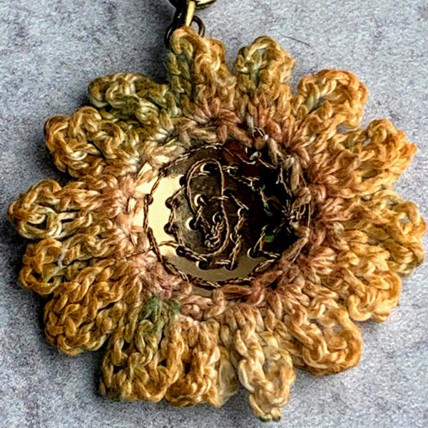 Hand Painted Flower Pendant - Mixed Media - Crochet and Bead Embellished - Tan Beige Green - 18" Adjustable Brass Chain - One of a Kind picture