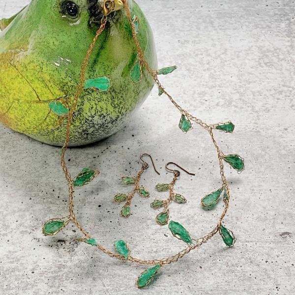 Green Leafy Vine Necklace and Earring Set - Mixed Media - Bronze Brass Wire, Hand-Tinted Paper Fiber - One of a Kind - 18 inch - Crochet