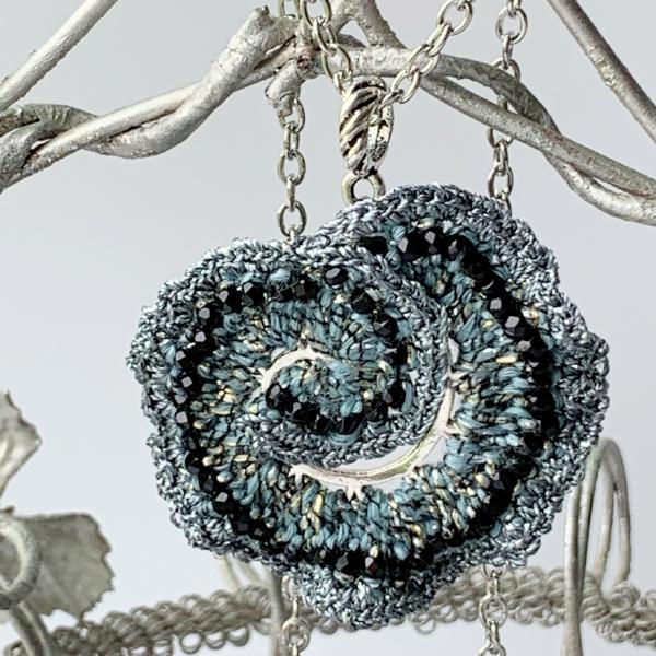 Curly Girl Spiral Swirl Pendant Necklace - Mixed Media - Metal Fiber Glass - Pale Sage Green, Silver, Black, Metallics - Crochet - OOAK picture