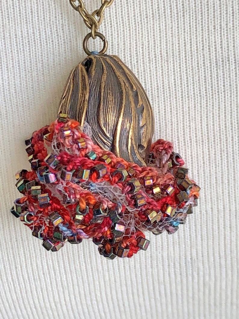 Colors of Frida - One of a Kind Statement Necklace - 3 Flower Pendants - Multi Media - Fiber Metal Glass - Multi Color- Reds Coral Blue picture