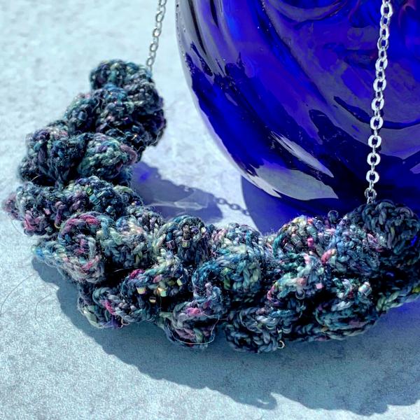 Renoir Spiral Ruffle Necklace - Gray Purple Blue Slate Mauve - Hand-Dyed Thread - Tiny Iridescent Beads - Silver Chain - One of a Kind picture