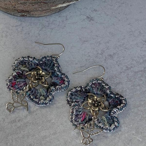 Hummingbird and Flower Mixed Media Drop Earrings - Silve Metal, Hand-Dyed Cotton Thread, Metallic Thread - Charcoal Slate Magenta Teal - OOAK picture