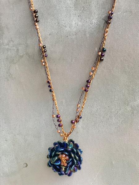 Beaded Crochet Flower Pendant Necklace in Iridescent Purple Indigo and Gold - Leaf Clasp - Czech Glass Beads - Double Strand - One of a Kind picture