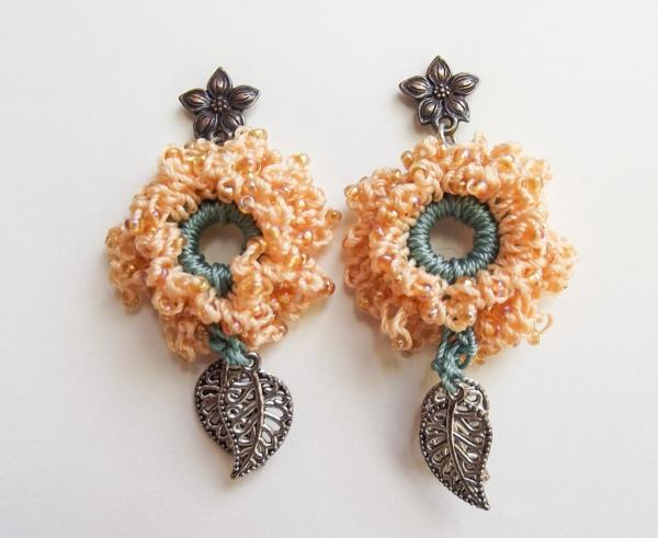 Apricot Peach Crochet Beaded Drop Flower Earrings with Antique Silver Leaf Dangles - Green Accents - Handmade - One of a Kind picture