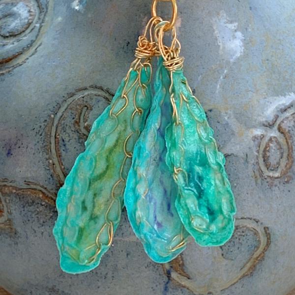 Triple Drop - Colors of the Caribbean Sea- Mixed Media Earrings - Fiber Wire Paper - Turquoise Gold Blue Green - Crochet - One of a Kind picture