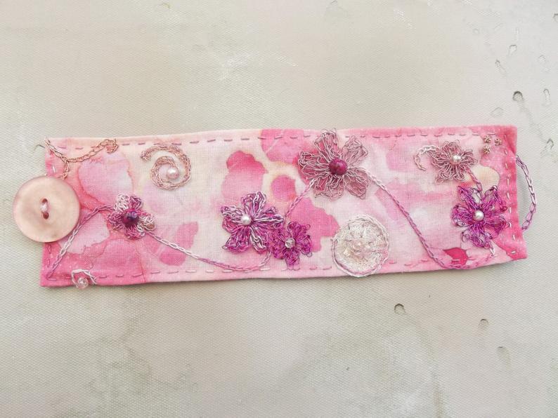 Cherry Blossom Cuff - Cotton with Wire, Thread, and Bead Embroidery Embellishment - One of a Kind picture