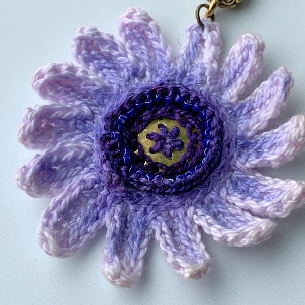Blue Violet Purple Hand-Painted Flower Pendant Necklace - Mixed Media - Embroidery - Bead Crochet - Glass Leaf - 20 inch Brass Chain - OOAK picture
