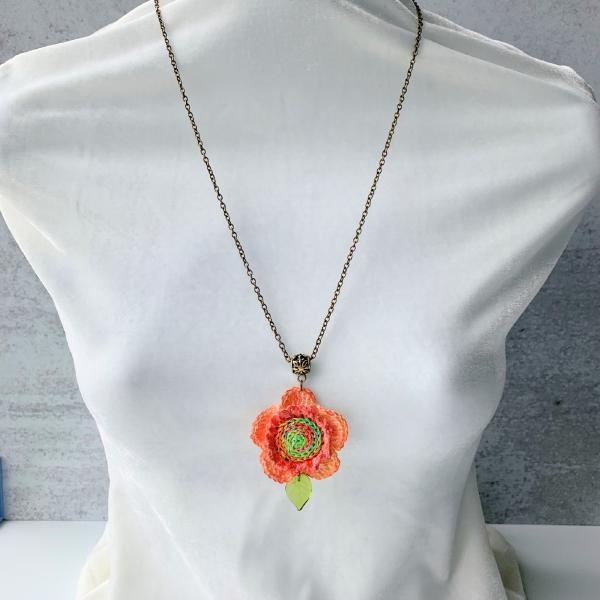 Melon Coral Green Mixed Media Flower Pendant - Hand-Painted - Hand Crochet - Embroidery - Glass Leaf - 24 inch Antique Brass Chain - OOAK picture