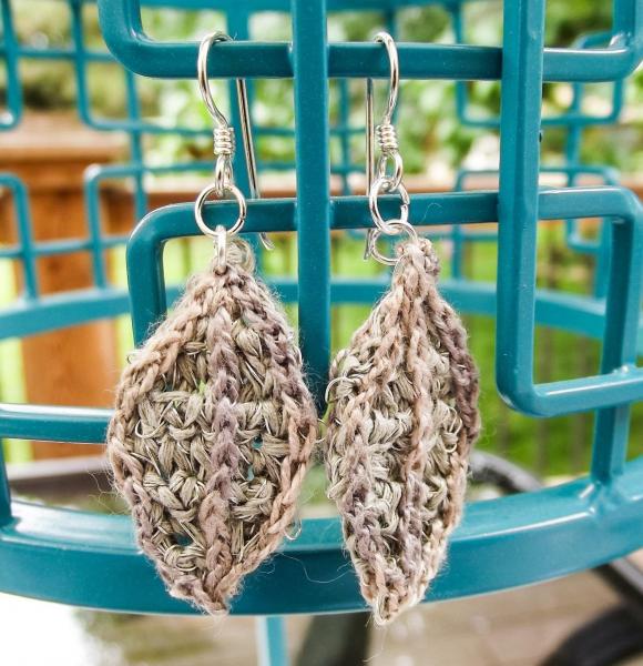Tone on Tone Crochet Embroidered Leaf Earrings - Natural Shades - Beige Tan Taupe - Silver Wires - One of a Kind