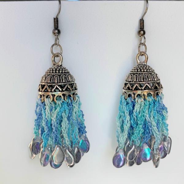 Sky Fringe Earrings - Mixed Media: Metal, Fiber, Glass - Blue Aqua - Iridescent Silver Aqua Rain Drop Glass Beads - Hand-Dyed Cotton Thread - OOAK picture