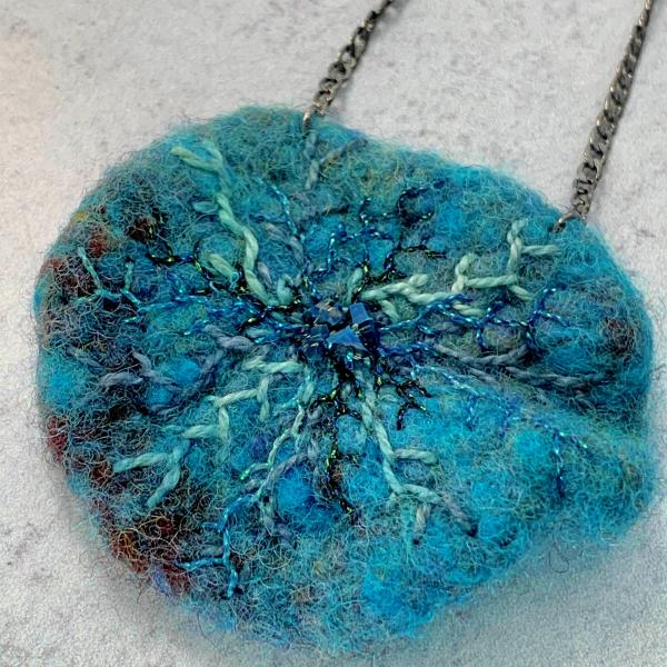 Deep Sea Embroidered Hand-Felted Wool Pendant Necklace - Greens, Blues, Teal - Hand-dyed and Metallic Threads -  Fine Shiny Gun Metal Chain picture