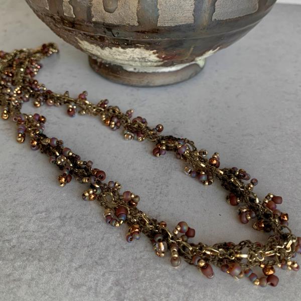 Brown Gold Copper Bronze Topaz Mixed Media Beaded Chain Necklace - Crocheted Fiber, Metal Chain, Glass Beads - OOAK picture