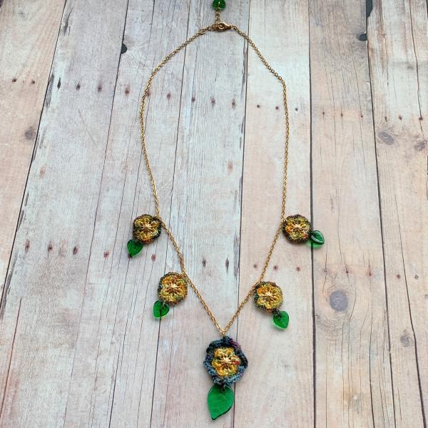 Golden Yellow Five Flowers Necklace - Mixed Media - Green Glass Leaves - Fiber - Gold Chain - Crochet - Adjustable Length 18 to 19 1/2" picture