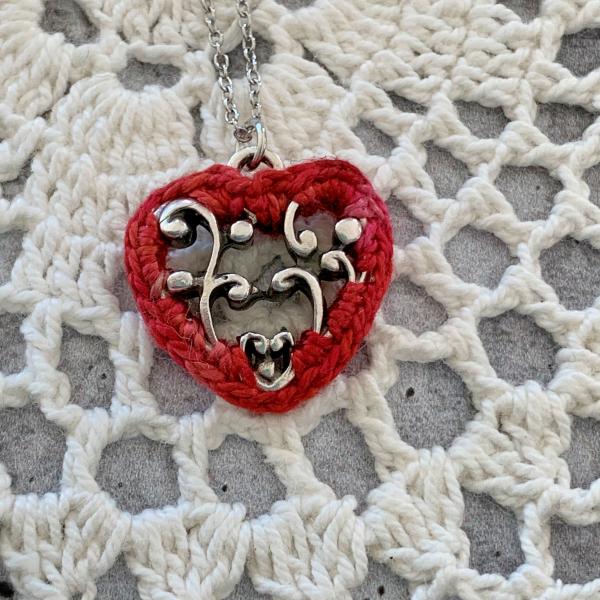 Simple Lacy Red Heart Pendant - Mixed Media - Silver Metal Filigree - Hand-Dyed Red Multicolor Thread - Adjustable Length 18-20 inches - One of a Kind picture